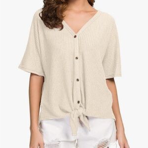IWOLLENCE Waffle Knit GRAY Blouse Tie Knot Short Sleeve Henley Top Loose shirt